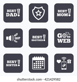 Mobile payments, wifi and calendar icons. Best mom and dad, brother and sister icons. Award with exclamation symbols. Go to web symbol.