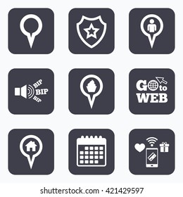 Mobile payments, wifi and calendar icons. Map circle pointer icons. Home, food and user location symbols. Restaurant and cupcake signs. You are here. Go to web symbol.