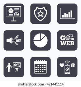 Mobile payments, wifi and calendar icons. Diagram graph Pie chart icon. Presentation billboard symbol. Supply and demand. Man standing with pointer. Go to web symbol.