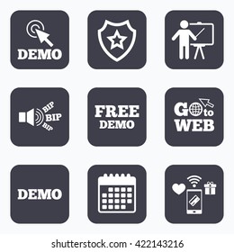 Mobile payments, wifi and calendar icons. Demo with cursor icon. Presentation billboard sign. Man standing with pointer symbol. Go to web symbol.