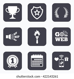 Mobile payments, wifi and calendar icons. First place award cup icons. Laurel wreath sign. Torch fire flame symbol. Prize for winner. Go to web symbol.
