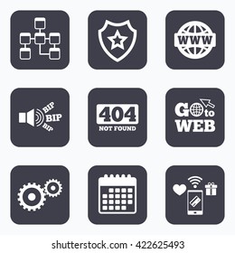 Mobile payments, wifi and calendar icons. Website database icon. Internet globe and gear signs. 404 page not found symbol. Under construction. Go to web symbol.