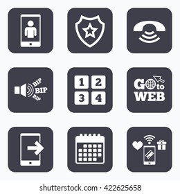 Mobile payments, wifi and calendar icons. Phone icons. Smartphone video call sign. Call center support symbol. Cellphone keyboard symbol. Go to web symbol.