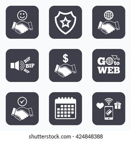 Mobile payments, wifi and calendar icons. Handshake icons. World, Smile happy face and house building symbol. Dollar cash money. Amicable agreement. Go to web symbol.
