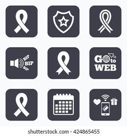 Mobile payments, wifi and calendar icons. Breast cancer awareness icons. Ribbon sign symbols. Go to web symbol.