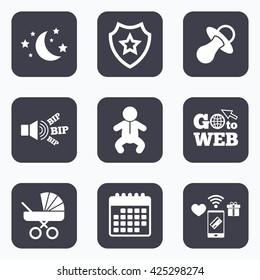 Mobile payments, wifi and calendar icons. Moon and stars symbol. Baby infants icon. Buggy and dummy signs. Child pacifier and pram stroller. Go to web symbol.