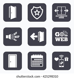 Mobile payments, wifi and calendar icons. Automatic door icon. Emergency exit with arrow symbols. Fire exit signs. Go to web symbol.