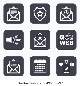 Mobile payments, wifi and calendar icons. Mail envelope icons. Message document symbols. Post office letter signs. Delete mail and SMS message. Go to web symbol.