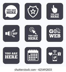 Mobile payments, wifi and calendar icons. You are here icons. Info speech bubble symbol. Map pointer with your location sign. Hand cursor. Go to web symbol.