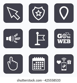 Mobile payments, wifi and calendar icons. Mouse cursor icon. Hand or Flag pointer symbols. Map location marker sign. Go to web symbol.