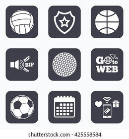 Mobile payments, wifi and calendar icons. Sport balls icons. Volleyball, Basketball, Soccer and Golf signs. Team sport games. Go to web symbol.