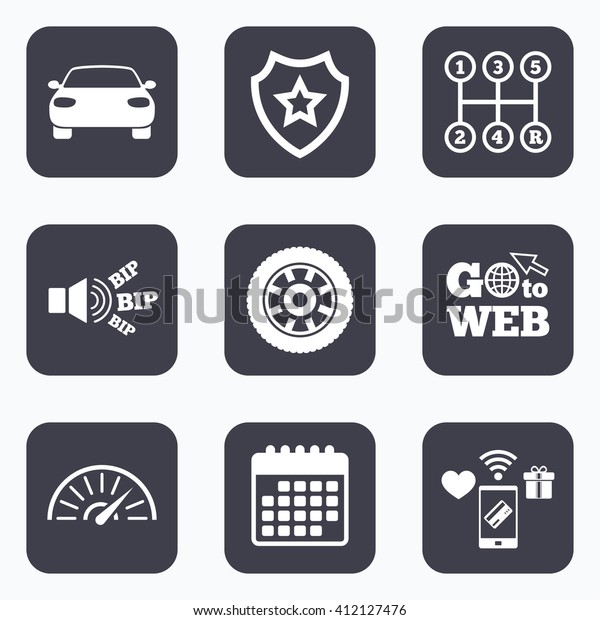 Mobile payments, wifi and calendar icons.\
Transport icons. Car tachometer and mechanic transmission symbols.\
Wheel sign. Go to web\
symbol.