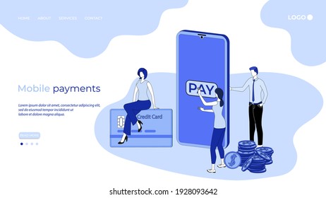 Mobile payments.Online money transfer from a mobile phone to a bank card.A mobile application for transferring money.3D invention.Isometric vector illustration.The landing page template.