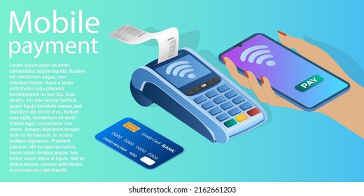 Mobile payments.Payment of expenses and transfer of funds via the Internet .Poster in business style.Flat vector illustration.