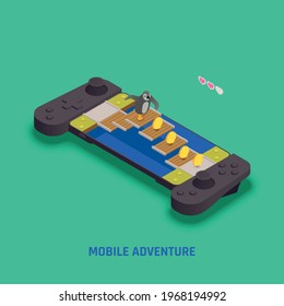 Mobile pc adventure strategy games isometric composition with penguin on screen collecting coins earning points vector illustration