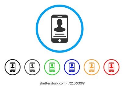 Mobile Person Details rounded icon. Style is a flat mobile person details gray symbol inside light blue circle with black, gray, green, blue, red, orange color versions.