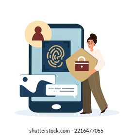 Concepto de protección de datos personales móviles.Carácter, firma de seguridad de salvaguardia en Smartphone con huellas dactilares, autenticación biométrica, acceso seguro para datos personales.Ilustración de vectores de personas de dibujos animados