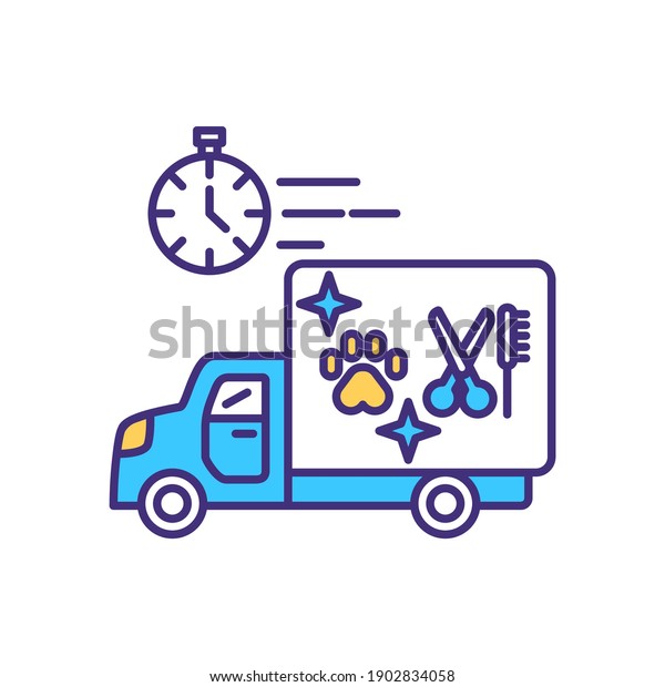 Mobile pet care service RGB color icon. Call\
for express professional grooming procedure at home. Domestic\
animal treatment. Transportation for veterinary. Isolated vector\
illustration