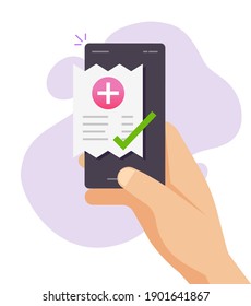 Mobile pharmacy medical cost receipt on cell phone, person paid bill via smartphone vector icon flat cartoon, concept of medicine tax payment, insurance expense paper receipt on cellphone design