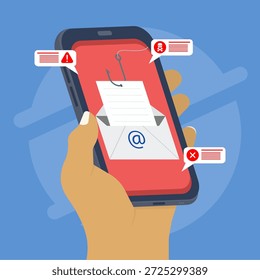 Mobile phishing attack illustration showing fake email message, warning alerts, and cyber threat icons on smartphone screen. Representing scam, fraud, hacking risk, and digital security awareness