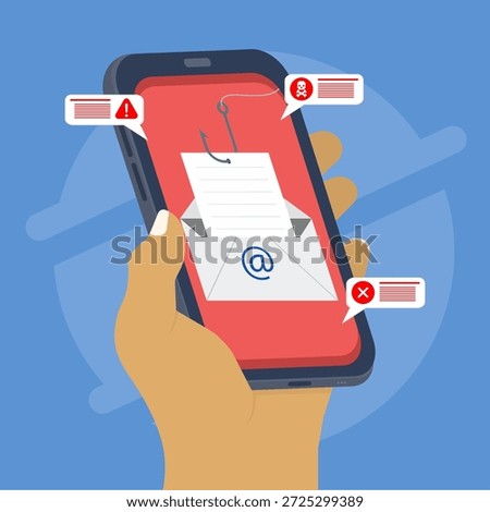Mobile phishing attack illustration showing fake email message, warning alerts, and cyber threat icons on smartphone screen. Representing scam, fraud, hacking risk, and digital security awareness