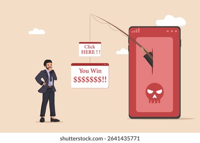 Mobile Phishing Scam: Man Reflecting on a Deceptive "You Win" Notification and "Click Here" Bait from a Smartphone with Skull Icon.