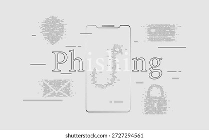 Concepto de seguridad de phishing móvil con smartphone e iconos digitales con código binario de gancho, escudo y símbolos de candado para protección de datos y conciencia de amenazas cibernéticas. Advertencia contra correos electrónicos falsos