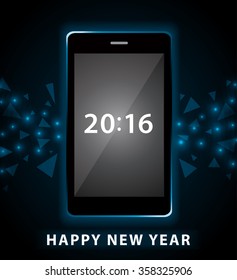 Mobile phone with 2016 on the screen. Happy new year background. Vector illustration.