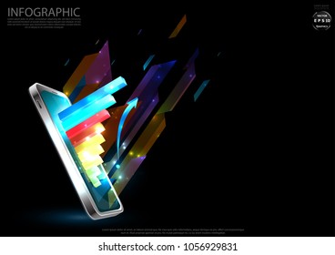Mobile phone 3D and graph  - Stylish colorful - modern Idea and Concept Vector illustration  Infographic template.