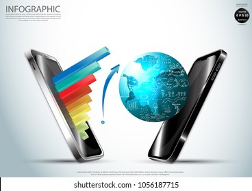 Mobile phone 3D and graph, World map Creative drawing chart and graphs business plan - modern Idea and Concept Vector illustration  Infographic template.