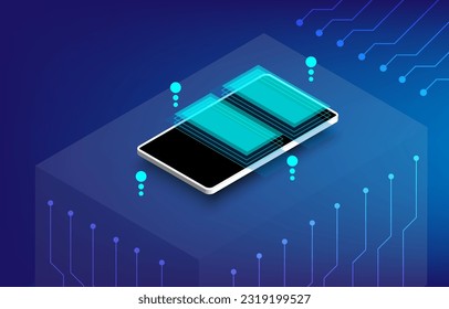 Mobiltelefon, 3D-Modell, Netzwerkmodell, futuristisch, auf technischem Hintergrund, Schalttafel. EP.3.Elemente Einzige Vektorgrafik. und Grafik-Technologie Wissenschaftsabstrakt  