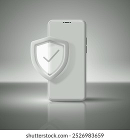 Mobile phone in 3d style with security icon. Shield for online shopping, payments. Application security using smartphone. Vector illustration.