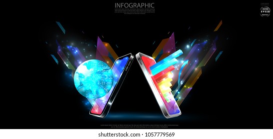 Mobile phone 3D and - World map Creative drawing chart and graphs business plan,  graph -  Stylish colorful - modern Idea and Concept Vector illustration  Infographic template.