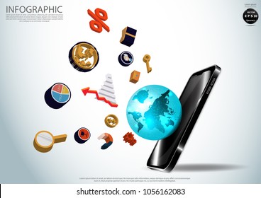 Mobile phone 3D and World map,Icon  Business - modern Idea and Concept Vector illustration  Infographic template.