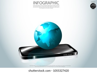 Mobile phone 3D and World map,modern Idea and Concept Vector illustration  Infographic template.