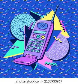 Mobile Phone 90s Poster. Retro Cellphone. Cellular Phone Retro Technology. 90s Style Banner. 1990s Trendy Illustration. Nostalgia For The 90s.
