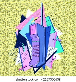 Poster für das Handy der 90er Jahre. Retro-Handy. Handy Retro-Technologie. Banner im Stil der 90er Jahre. Trendige Illustration der 90er Jahre. Nostalgie für die 90er Jahre.