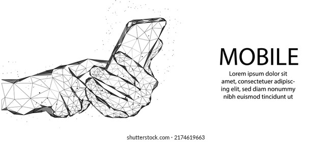 teléfono móvil con pantalla abstracta polígono wireframe móvil con pantalla blanca en el apretón de manos humano