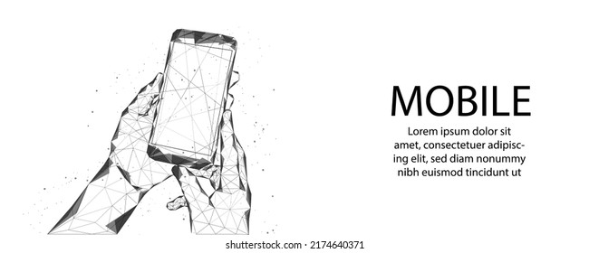 mobile phone abstract polygon wireframe mobile phone closeup with white blank screen in human handshake