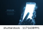 Mobile phone. Abstract polygonal wireframe closeup mobile phone with blank white empty screen in holding man hand and fingers. Illustration dark blue background. Communication app smartphone concept