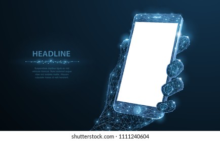 Mobile phone. Abstract polygonal wireframe closeup mobile phone with blank white empty screen in holding man hand and fingers. Illustration dark blue background. Communication app smartphone concept