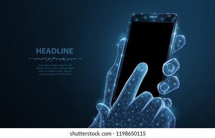 Mobile phone. Abstract polygonal wireframe closeup mobile phone with blank empty black screen in holding man hand and fingers. Illustration dark blue background. Communication app smartphone concept