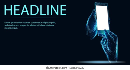 Mobile phone. Abstract polygonal wireframe closeup mobile phone with blank white empty screen in holding man hand and fingers. Illustration dark blue background. Communication app smartphone concept
