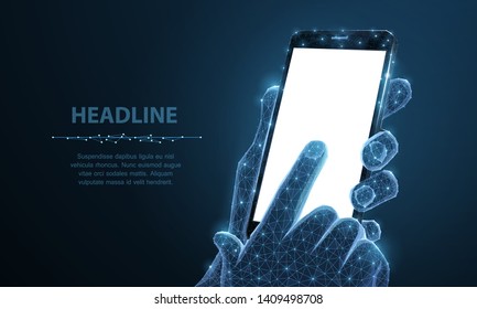 Mobile phone. Abstract polygonal wireframe closeup mobile phone with blank white empty screen in holding man hand and fingers. Illustration dark blue background. Communication app smartphone concept