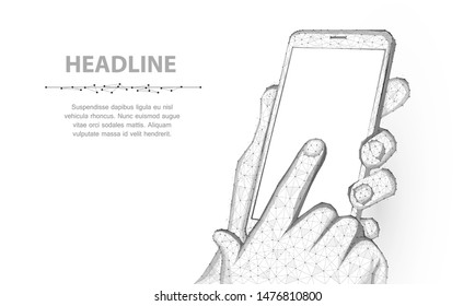 Mobile phone. Abstract polygonal wireframe closeup mobile phone with blank white empty screen in holding man hand and fingers. Illustration or background. Communication app smartphone concept