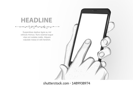 Mobile phone. Abstract polygonal wireframe closeup mobile phone with blank white empty screen in holding man hand and fingers. Illustration or background. Communication app smartphone concept