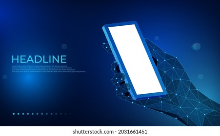 Mobile phone. Abstract polygonal wireframe closeup mobile phone with blank empty screen in holding man hand and fingers. Communication app smartphone concept