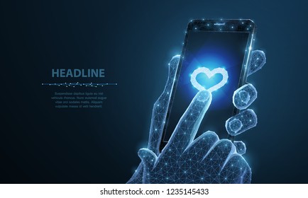 Mobile phone. Abstract vector Illustration of smartphone heart icon app. Isolated background. Valentine day, love romance, like follower, friend sms, happy symbol. Health heart, pulse device concept