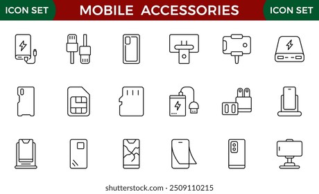  Mobile phone accessories line icon set. Charging; Cables; Headphones; Case; Glass; Sim card. Editable stroke.