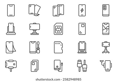 Mobile phone accessories line icon set. Charging; Cables; Headphones; Case; Glass; Sim card. Editable stroke.